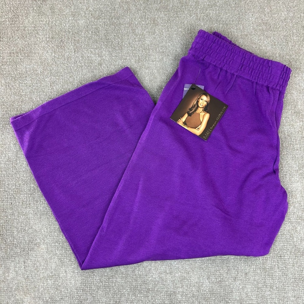Iman Pants Womens LP Purple Wide Leg Mid Rise Flat Front Elastic Waist Casual